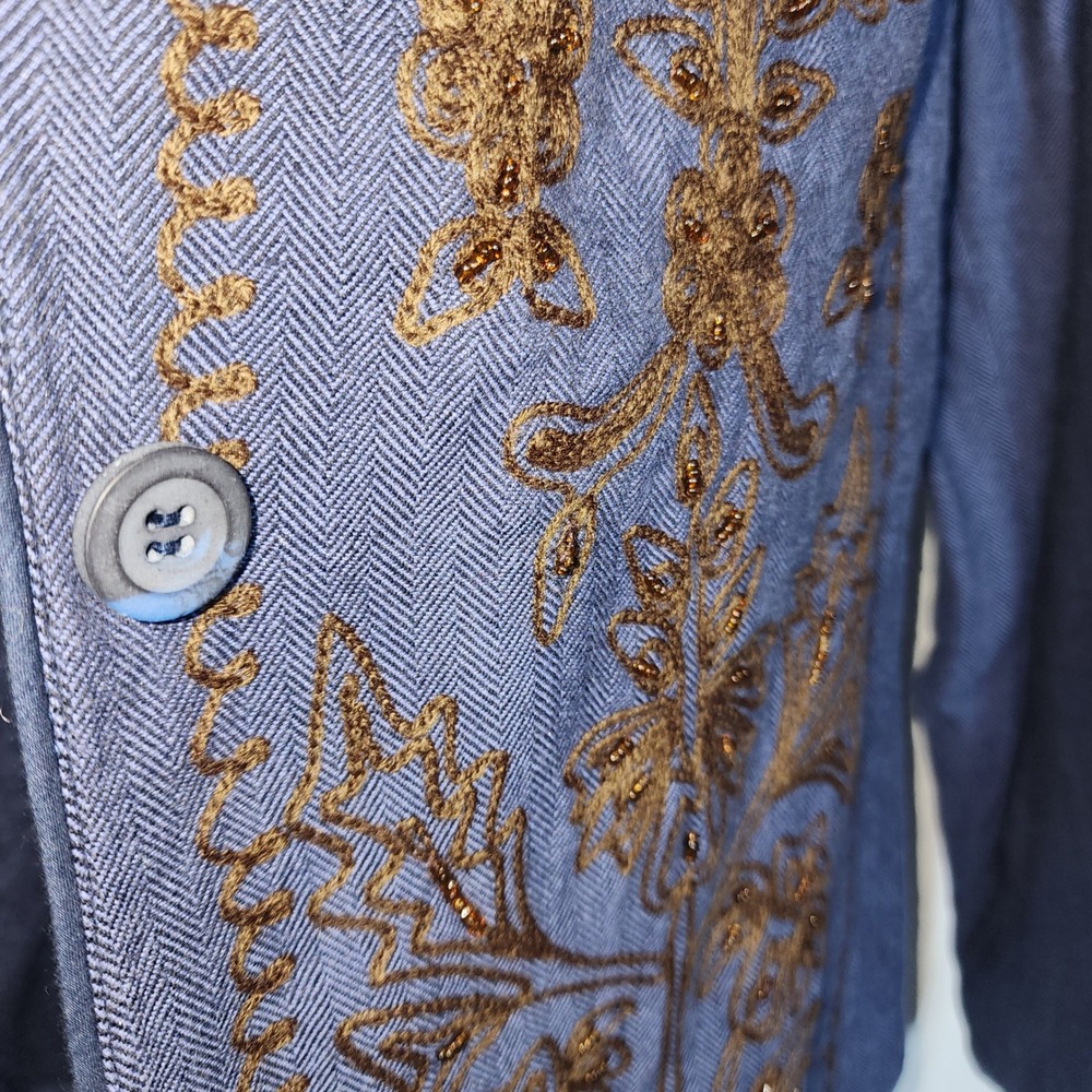 Coldwater Creek Blazer L Blue Bronze Embroidered Beaded Cotton Herringbone - Picture 6 of 13